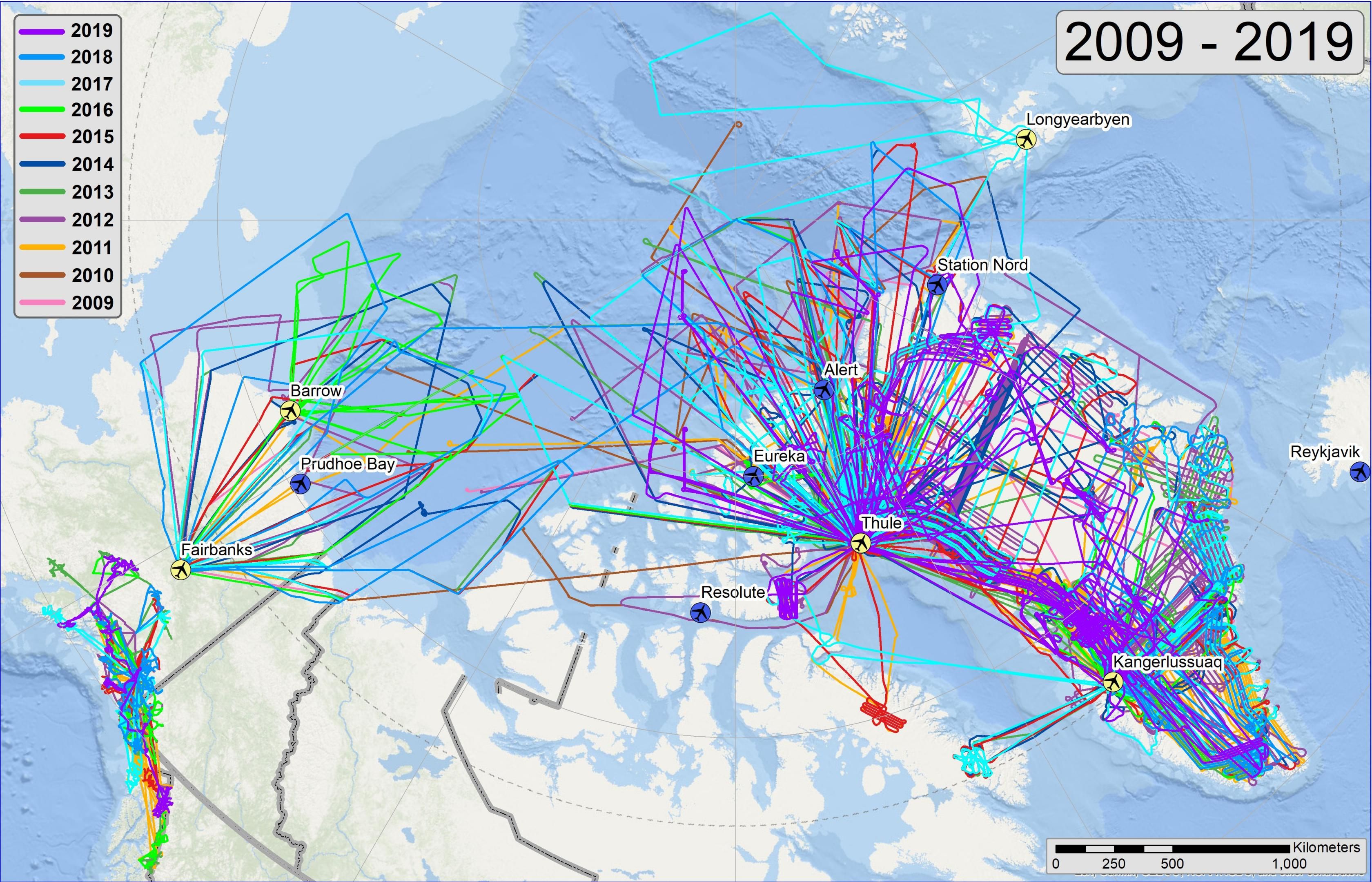Image of complete Arctic OIB flight trajectories 2009-2019