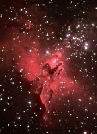 Eagle Nebula; red cloud of gas and dust surrounded by bright white stars.