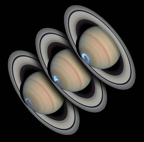 Similar to Earth's northern lights (aurora borealis), these pictures show Saturn with blue auroral lights on its south pole.