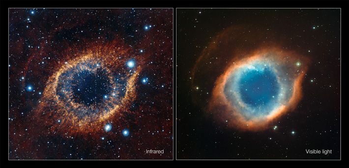 The Astrophysics Science Division - A striking infrared view of the Helix Nebula: A pair of images from the VISTA telescope at the Paranal Observatory in Chile shows the Helix Nebula in infrared (left) and visible light.