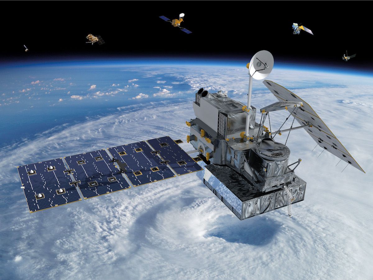 Artist's concept of GPM satellite in orbit over hurricane