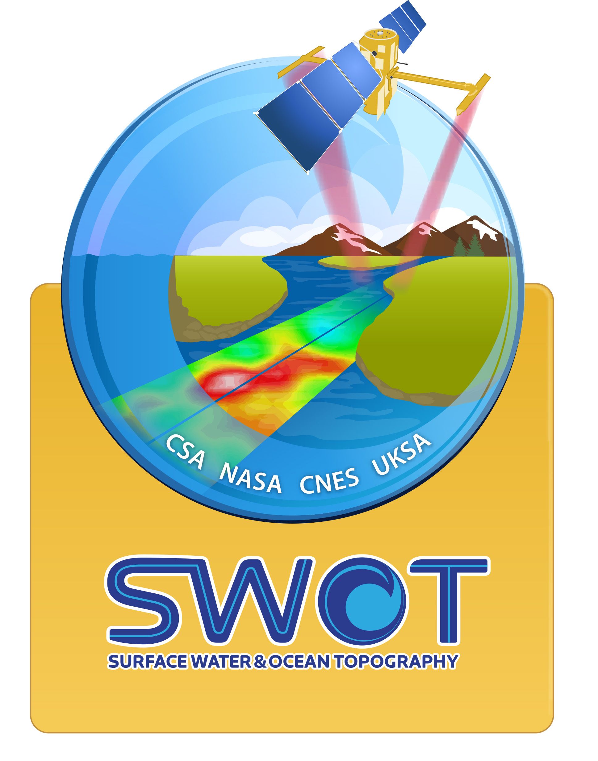 SWOT mission emblem showing the participation of four national space agencies: NASA, the CNES (French Space Agency), the UK Space Agency, and Canadian Space Agency