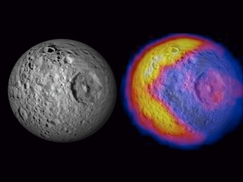 side by side comparison of visible light image and temperature map of Saturn moon 
mimas