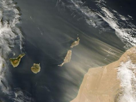 satellite image of dust blowing off the west coast of Africa and over the Canary Islands