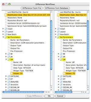 Screenshots of two Workflow Tool experiments with configuration differences highlighted