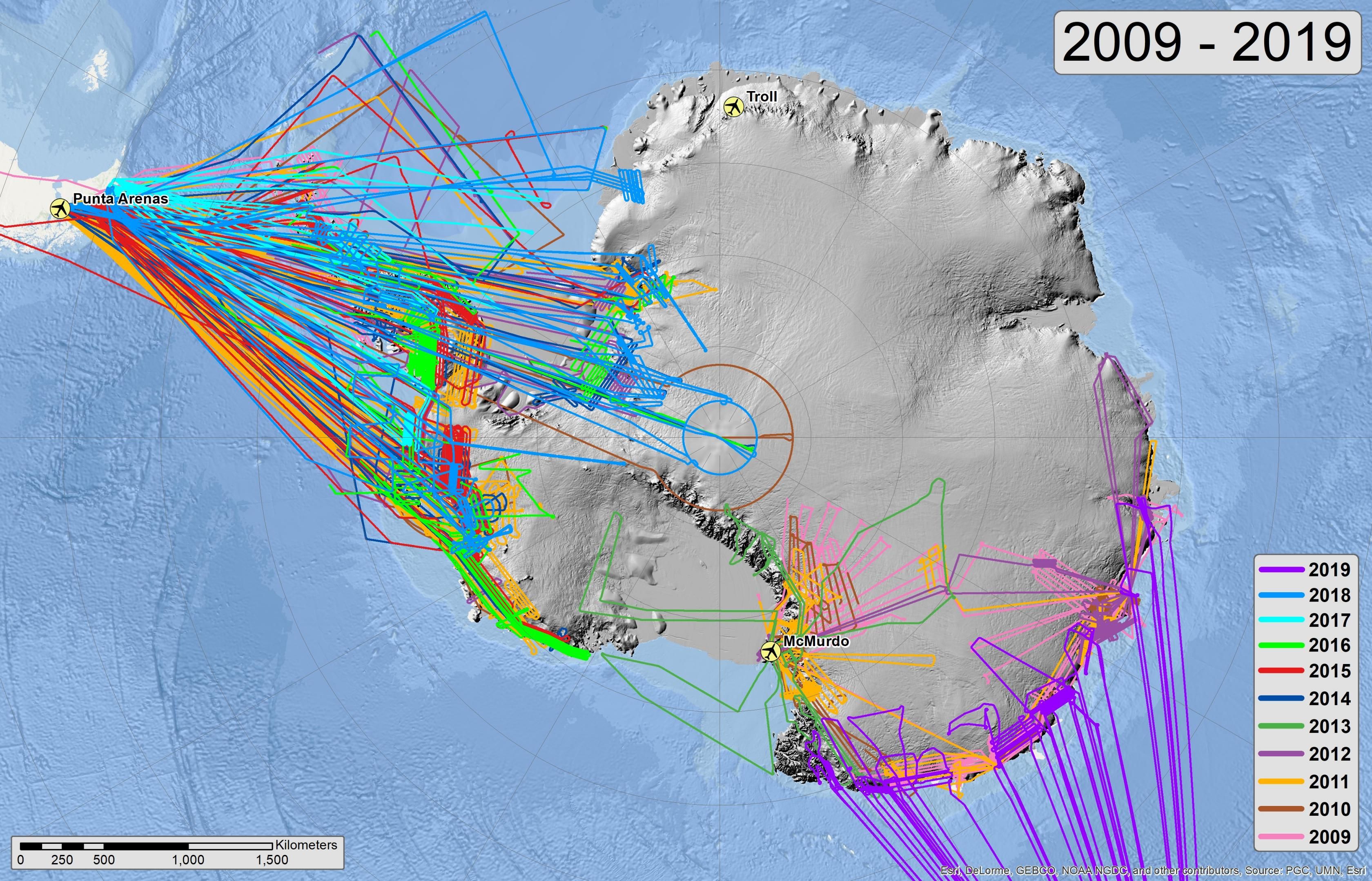Image of completed Antarctic OIB flight trajectories 2009-2019