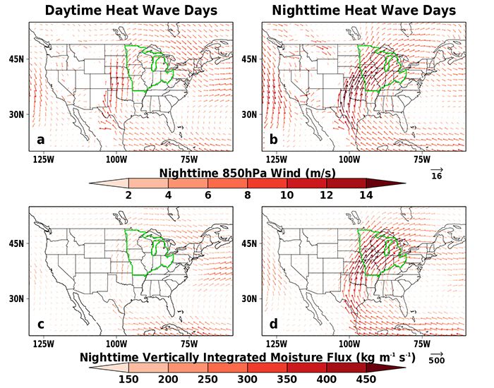 Figure from Thomas et al. 2020 showing the prevailing wind and moisture transport regimes associated with daytime and nighttime heat waves in the midwestern United States.
