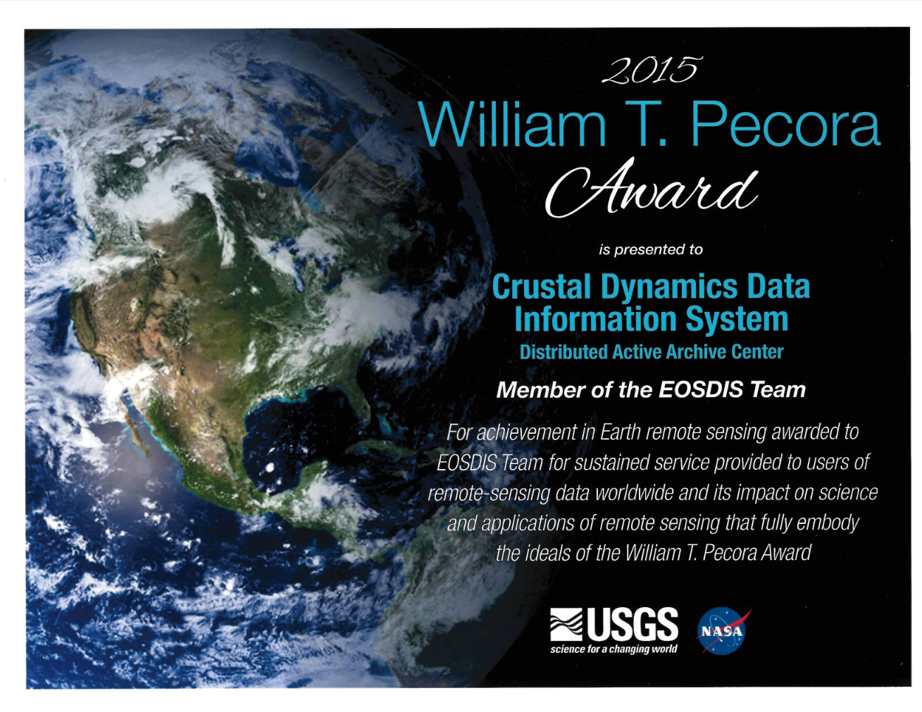 William T Pecora Award Certificate for 2015 for the NASA CDDIS