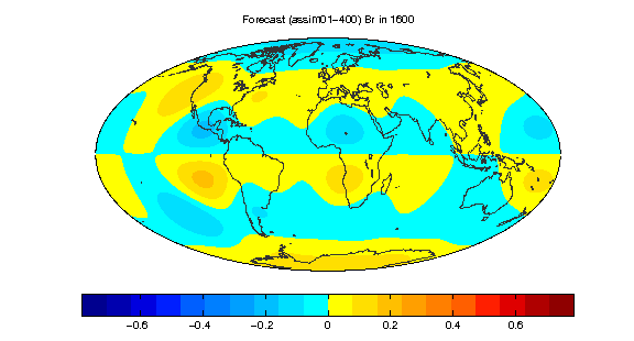 Animation showing the predicted non-dipolar radial magnetic field from 1600 to 2000, with a 20-year analysis cycle