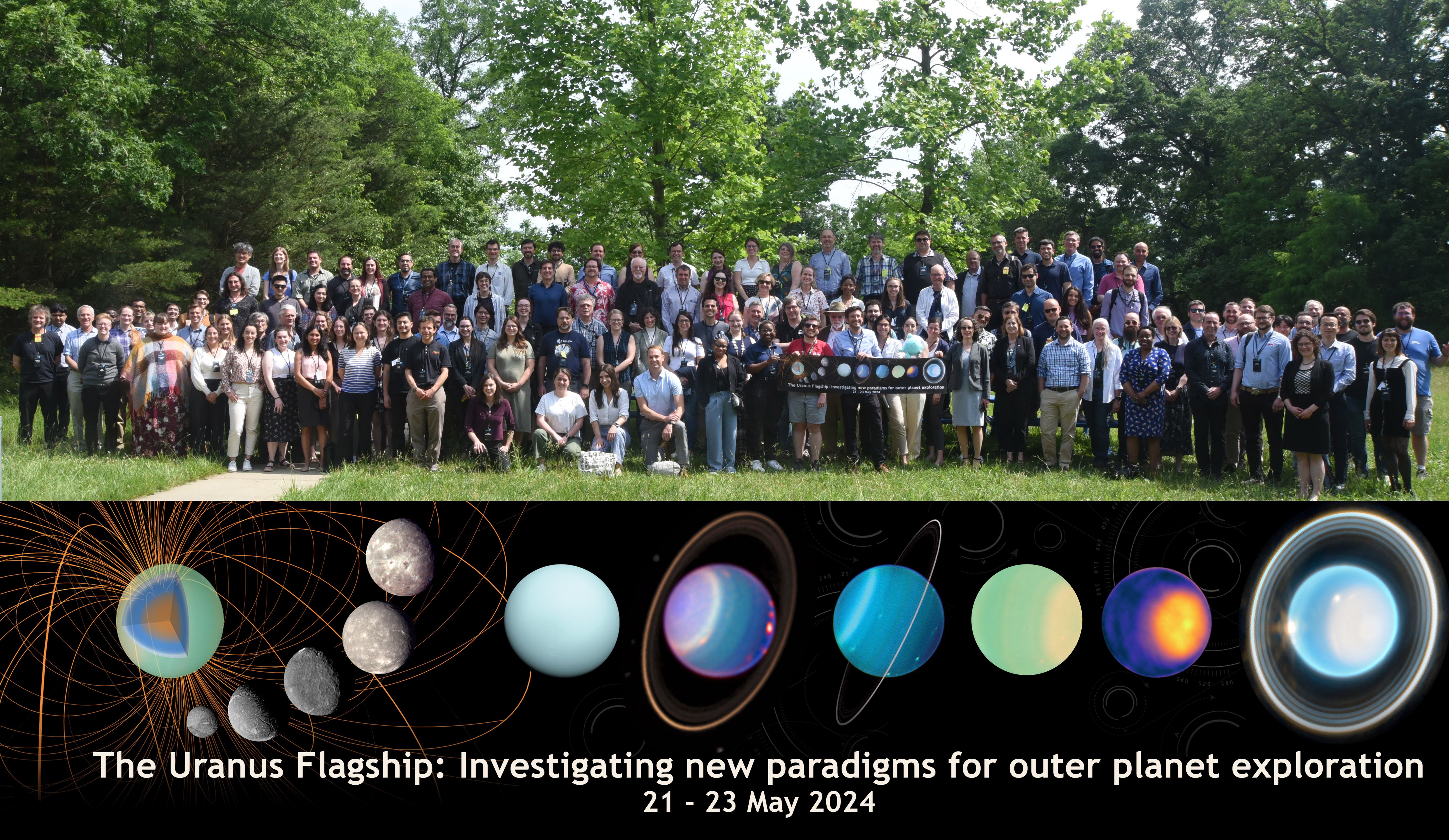 top: group photo of attendees and organizers; bottom: multiple images of uranus and its moons