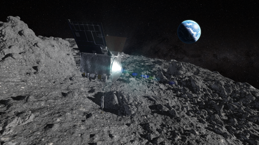 A spacecraft landing on an asteroid to collect samples with Earth in the background.