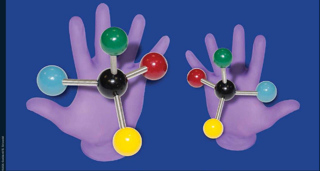 Models of a molecule held up side by side to display the mirrored version.