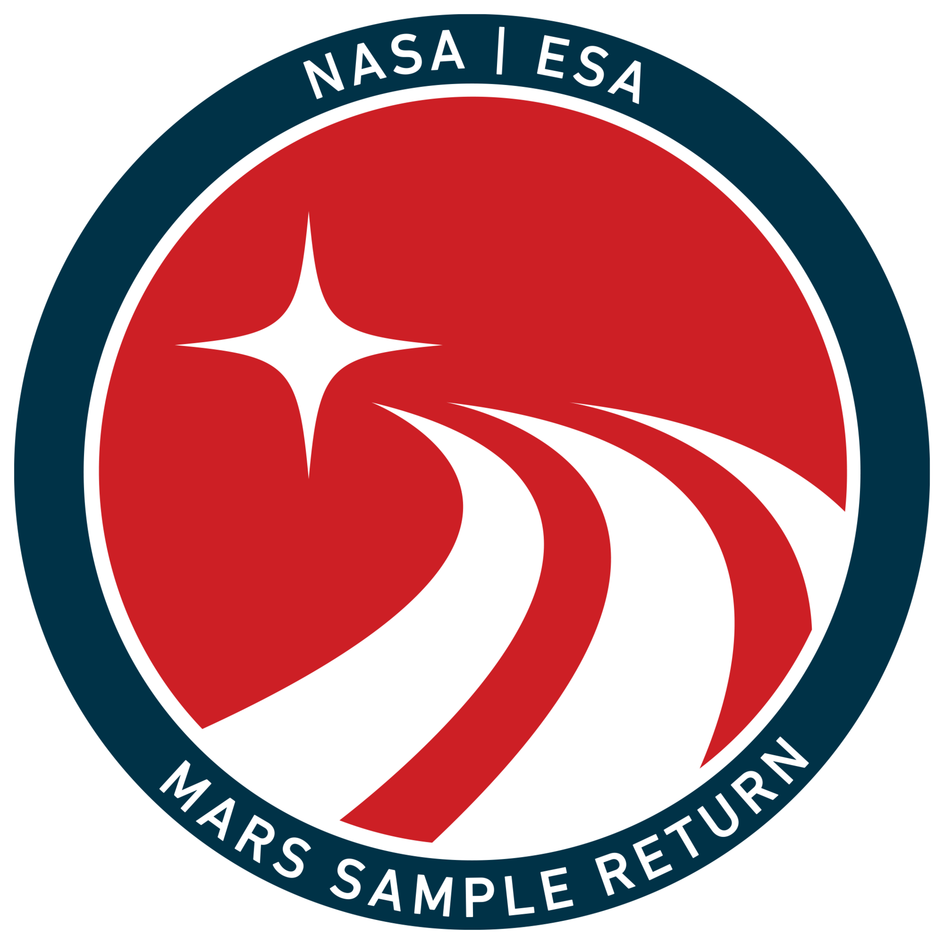 Mars Sample Return logo; Red circle with a white diamond shaped star and tire tracks leading away from it.