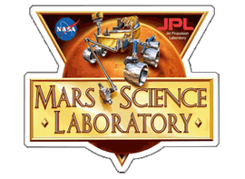 Triangular Curiosity/SAM logo; A illustration of the curiosity rover sitting on the surface of Mars.