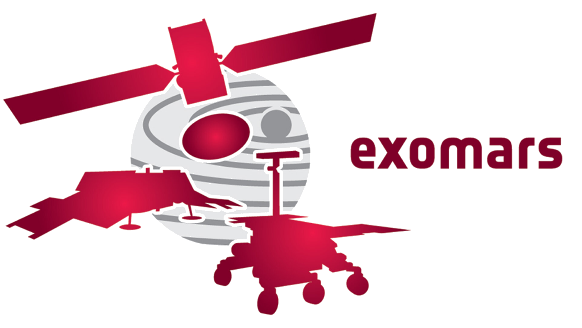 ExoMars/MOMA logo; A satellite probe, a rover, and other machines silhouetted in red and outlined details in white, red text says 'exomars'