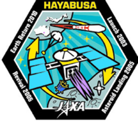 Hexagonal Hayabusa logo; An illustration in a cartoon style showing a probe going from Earth to an asteroid and back.