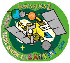 Oval Hayabusa2 logo; An illustration in a cartoon style showing a probe leave Earth, pass the moon and arrive at an asteroid.