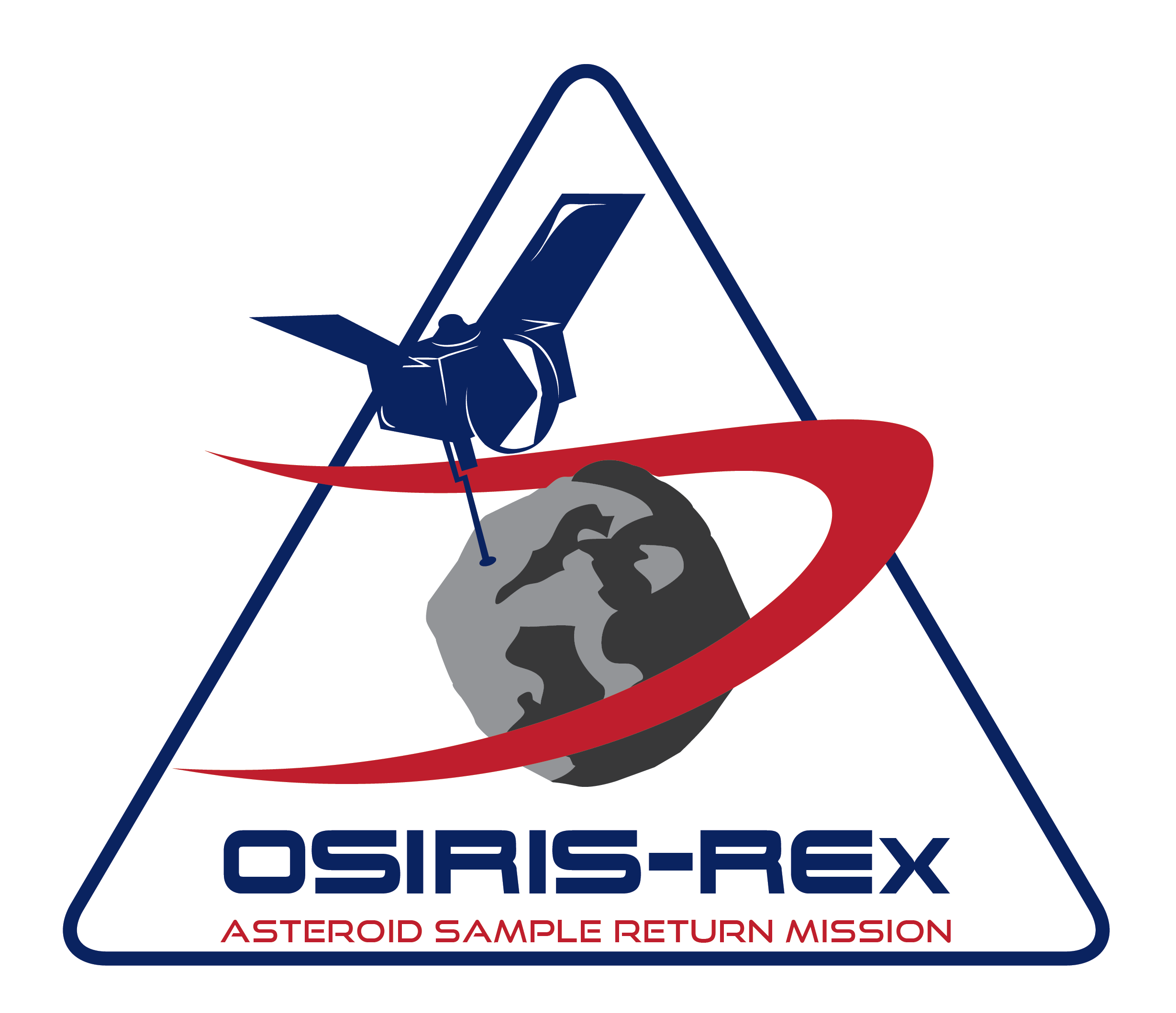 Triangular OSIRIS-REx logo; Illustration of probe landing on an asteroid with a red curvy line detail.
