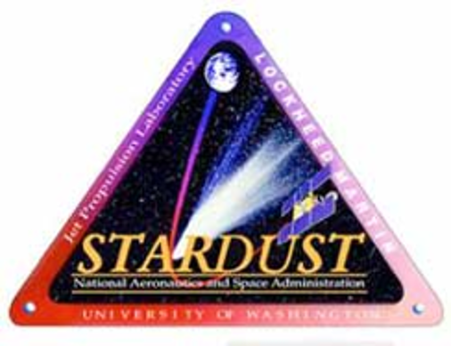 Triangular Stardust logo; A streak of 'stardust' going downward from right to left and a probe with a curved line from the Earth.