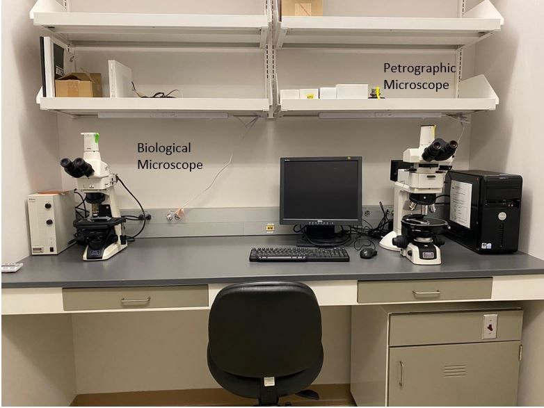 The Microscope Room featuring the biological and petrographic microscopes