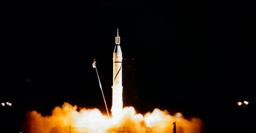 Photo of the Jupiter-C rocket launched from Cape Canaveral, Florida, carrying Explorer 1