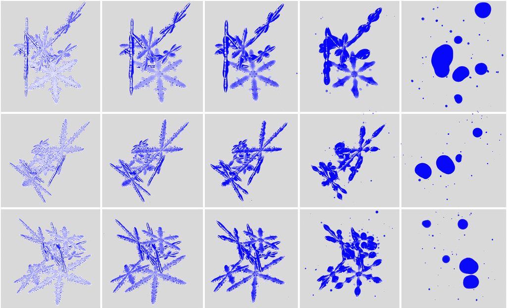 Series of snapshots of simulated snowflakes melting