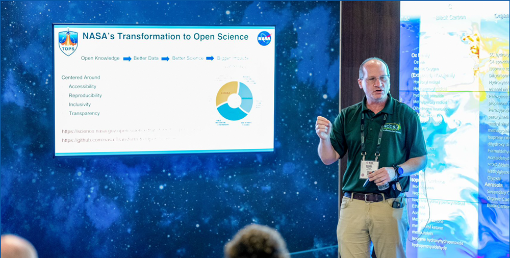 CISTO Chief and SMCE Government Manager Dr. Daniel Duffy presenting in front of the NASA hyperwall during Supercomputing 2022