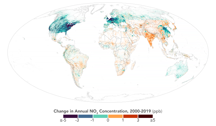 Global map depicting change in NO2 concentration