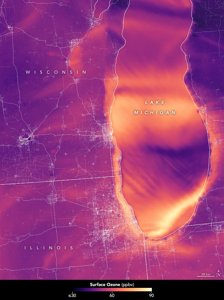 Map of predicted ozone concentrations around Lake Michigan on June 2, 2017