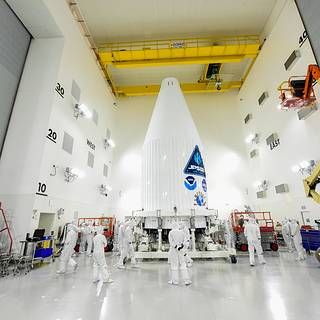 Photo of JPSS-2 superstack in Kennedy cleanroom