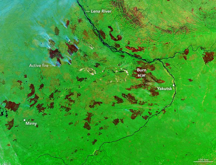 False-color Terra satellite image of fires in Republic of Sakha