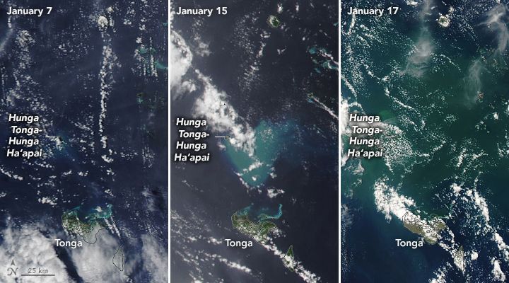 Trio of natural-color images showing how sediment, ash, pumice, and possibly continuing emissions from the volcano discolored the water in the days after the event.