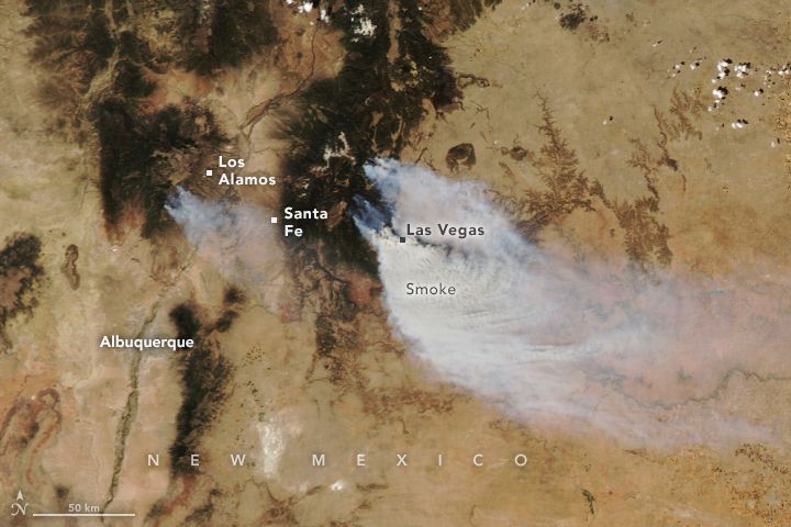 Aqua satellite natural-color image of fires across New Mexico