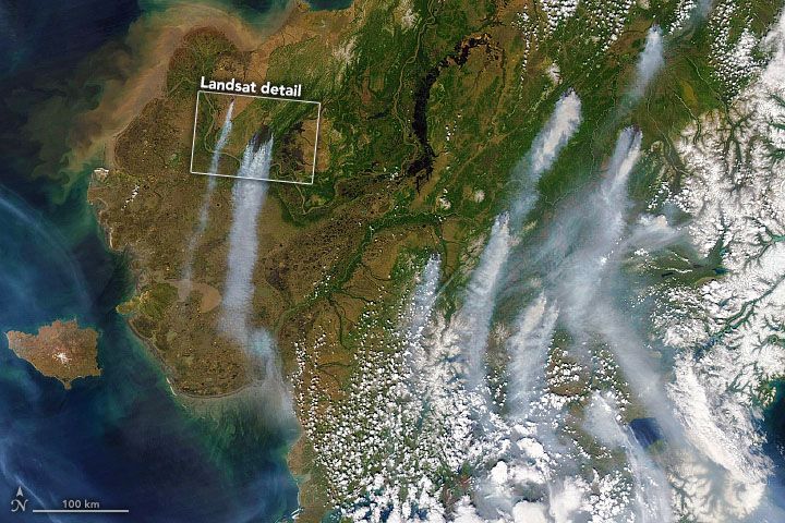 Aqua satellite image of fires across Alaska