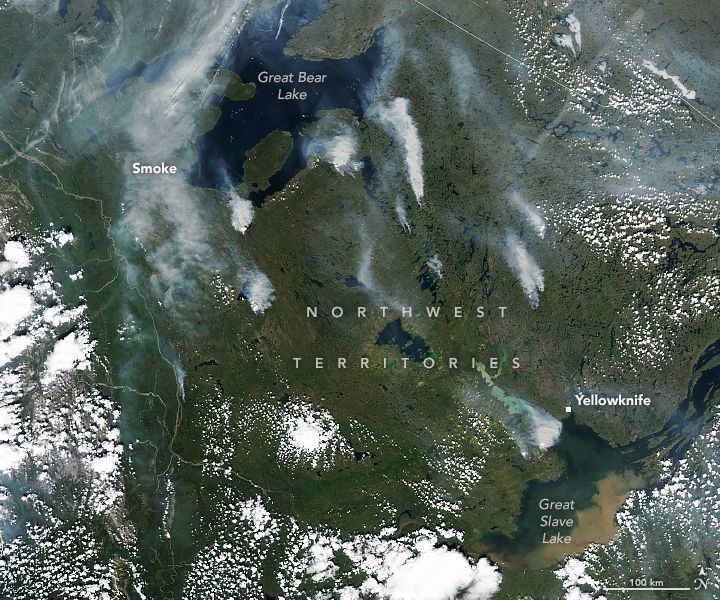 Aqua satellite image of wildland fires in northern Canada
