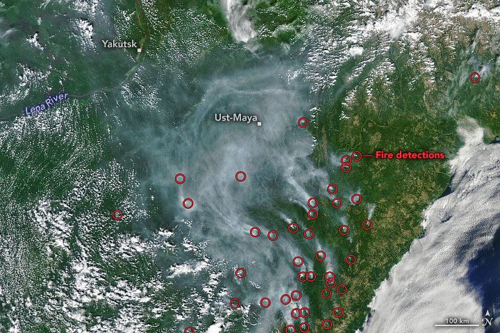 Aqua satellite image of wildland fires in Russia's far east