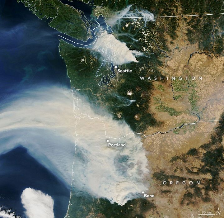 Terra satellite image of smoke from western fires over Pugent Sound and Pacific Ocean