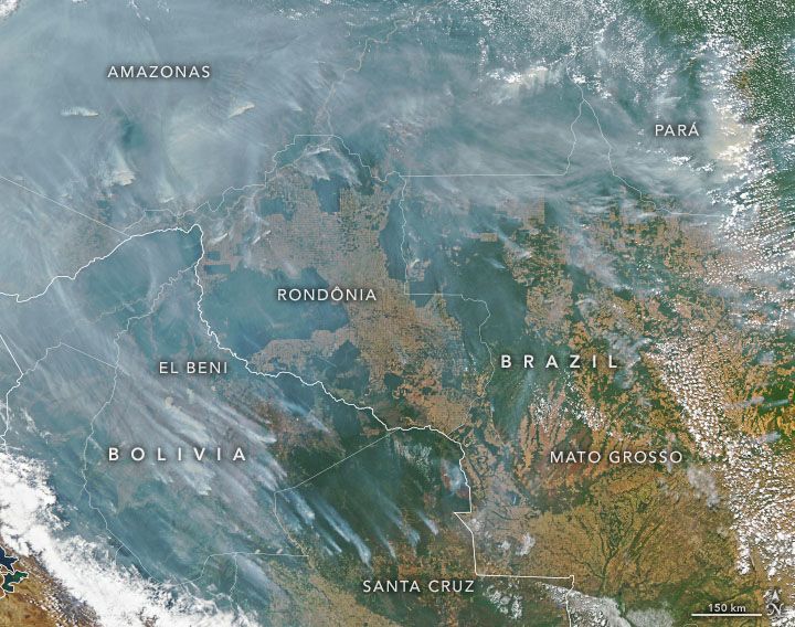 Natural-color Aqua satellite image of smoke over parts of Bolivia and Brazil