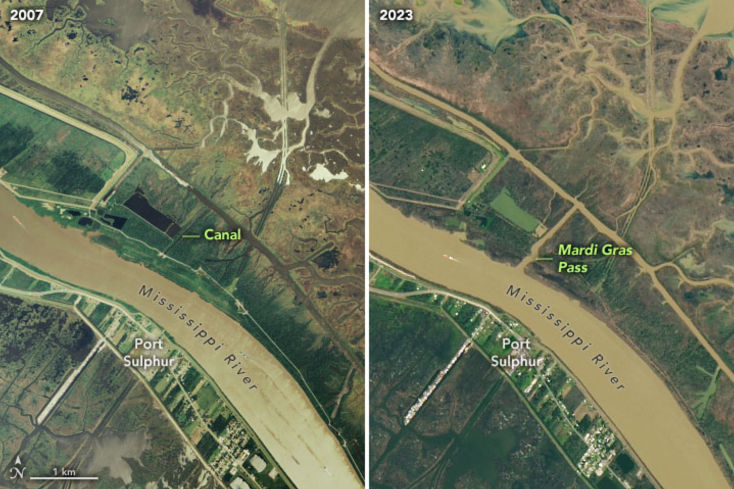 Split screen comparison satellite views of New Orleans canal in Sept 2007 and Sept 2023 