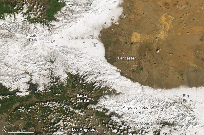 Landsat 9 satellite image of snow covered San Gabriel Mountains on February 26, 2023