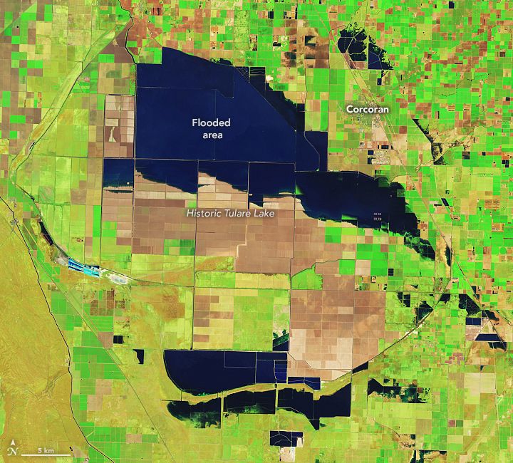 The image above (right), acquired by the Operational Land Imager (OLI) on Landsat 8, shows flooded farm fields in the of Tulare Lake lakebed on April 30, 2023.