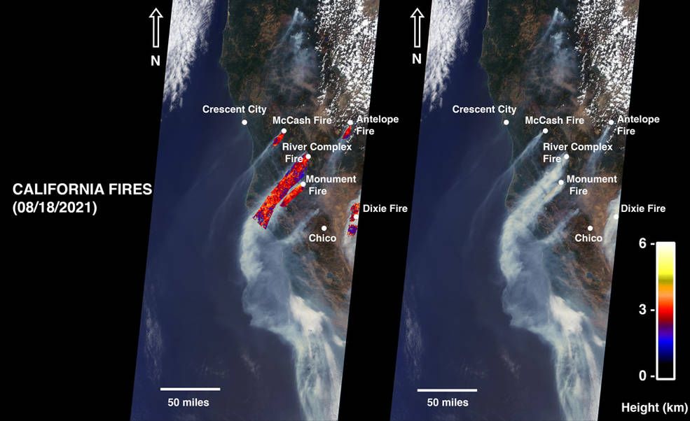 Image montage of smoke plumes from five fires burning in northern California