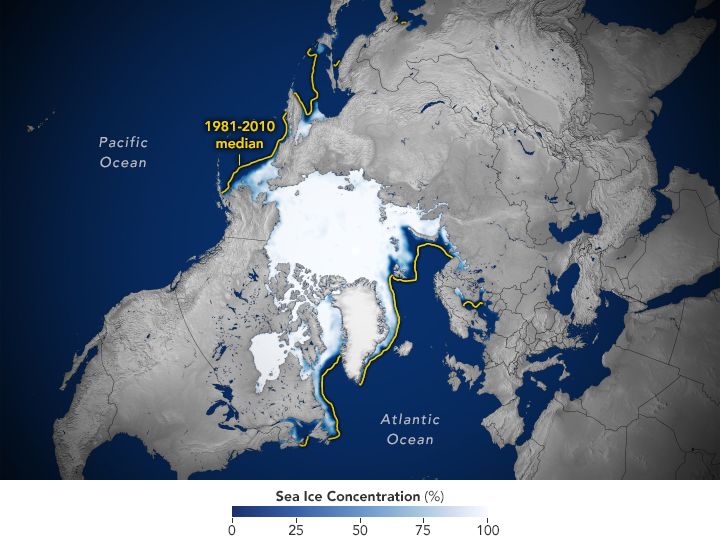 Map of Arctic ice extent on the day of its annual maximum