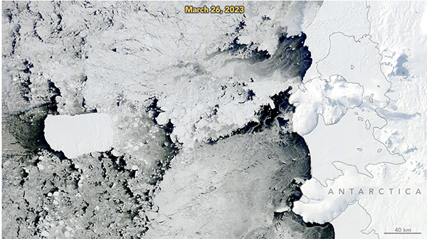 Still from animation of iceberg drift using Terra and Aqua satellite images