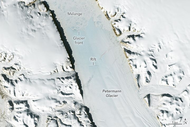 Terra satellite image of retreat of Petermann Glacier's floating ice tongue in August 2022