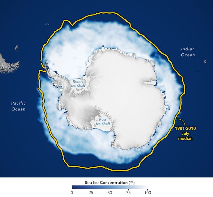 Map depicting the extent of Antarctic sea ice on August 7, 2023, based on satellite data 