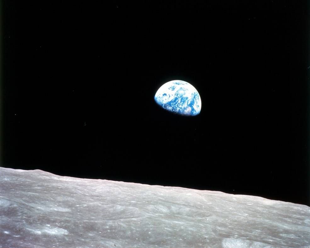 The iconic “Earthrise” image of Earth appearing over the Moon’s horizon as seen from the Apollo 8 spacecraft, taken during a live broadcast with NASA astronauts from the lunar orbit on Christmas Eve, Dec. 24, 1968.