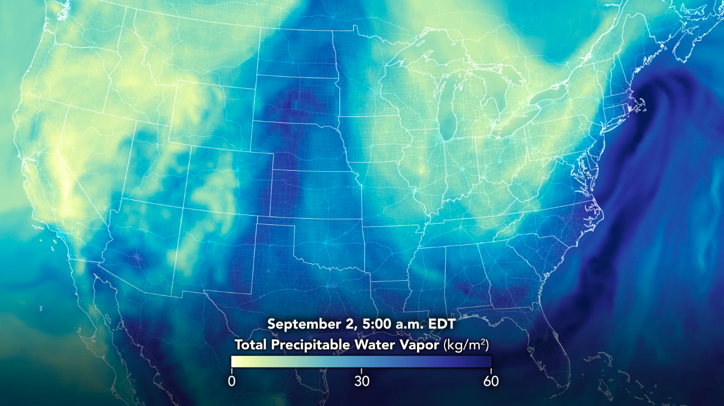 Still from animation depicting the atmosphere’s total precipitable water vapor from Ira on September 2.