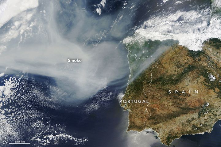 Terra satellite image of wildfire smoke drifting over snorthern Portugal and Spain. 