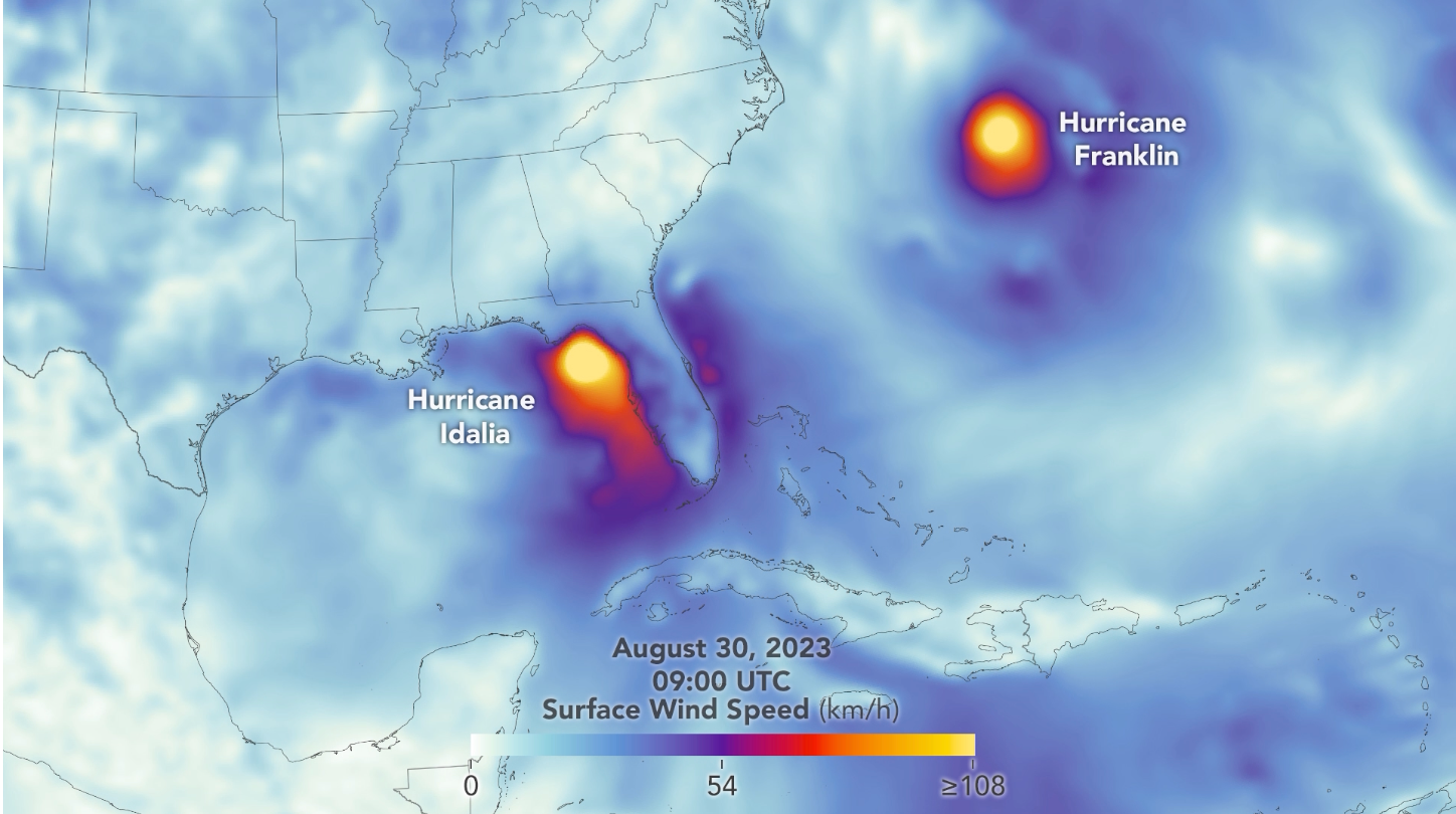 Still from GEOS model animation of Hurricane Idalia's winds